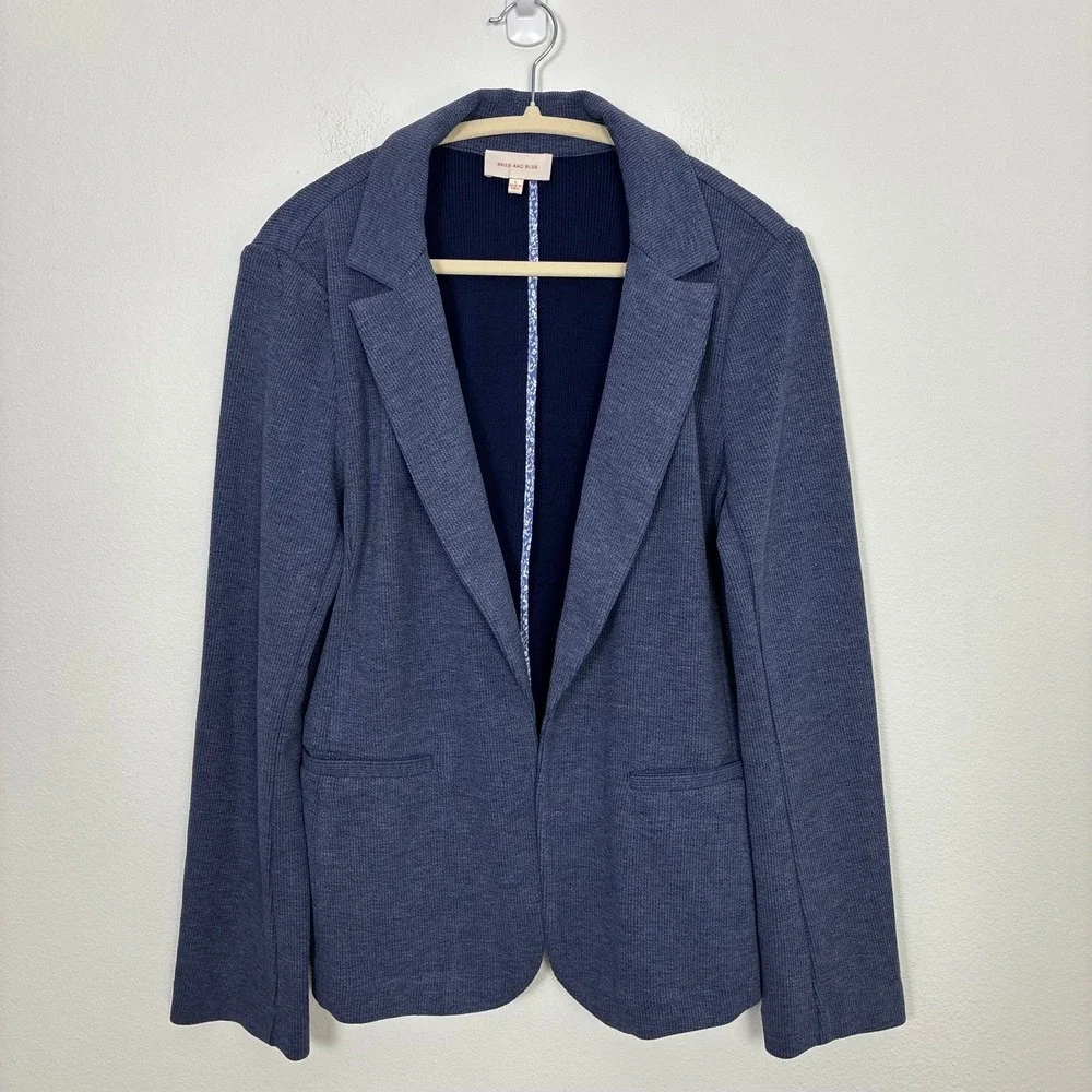 Skies Are Blue Ribbed Knit Blazer Open Front Jacket Women's L Preppy Minimalist